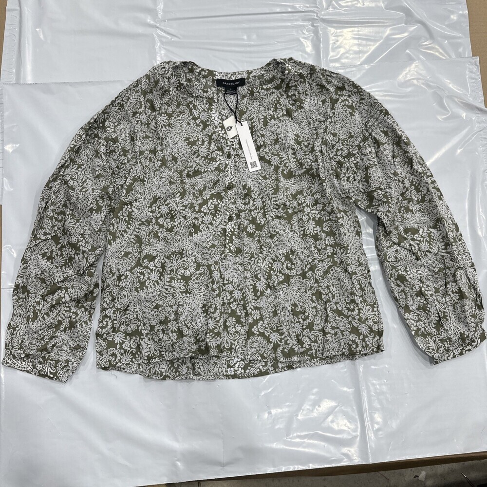 Sanctuary Sunday's Best Top Womens Large Green Paisley Long Sleeve V-Neck CEB305